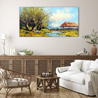 Glasbild Ländliche Landschaft mit einem Häuschen und Bäumen