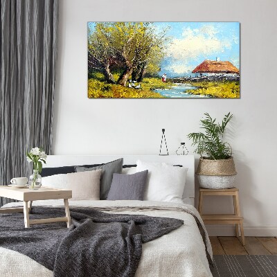 Glasbild Ländliche Landschaft mit einem Häuschen und Bäumen