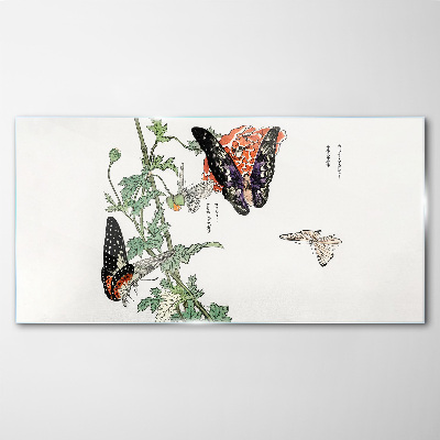 Glasbild Schmetterlinge auf einem Hintergrund aus Blumen
