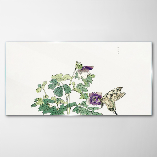 Glasbild Blumenharmonie mit Schmetterling