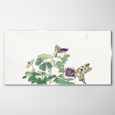 Glasbild Blumenharmonie mit Schmetterling