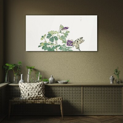 Glasbild Blumenharmonie mit Schmetterling