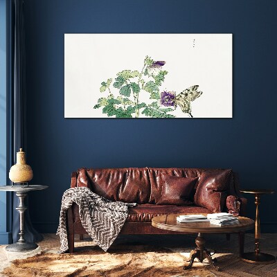Glasbild Blumenharmonie mit Schmetterling