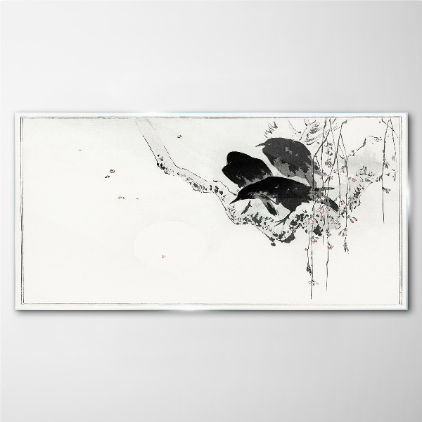 Glasbild Schwarze Vögel auf einem Ast