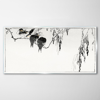 Glasbild Vögel auf einem Ast in Weiß