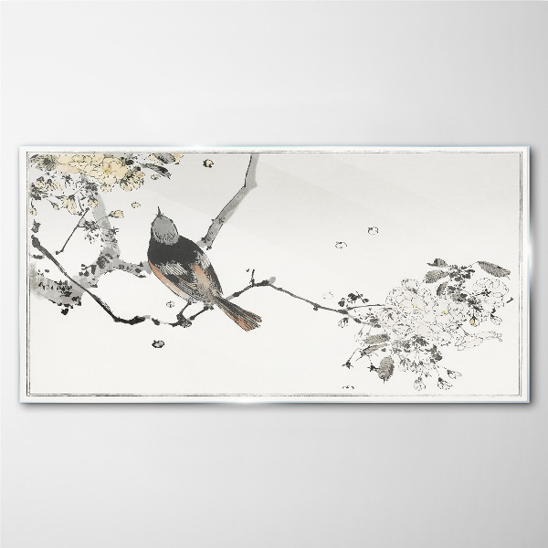 Glasbild Ein Vogel auf einem Ast in zarten Farben