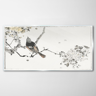 Glasbild Ein Vogel auf einem Ast in zarten Farben