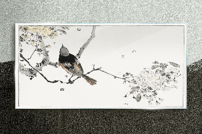 Glasbild Ein Vogel auf einem Ast in zarten Farben