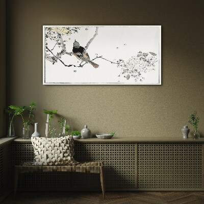 Glasbild Ein Vogel auf einem Ast in zarten Farben