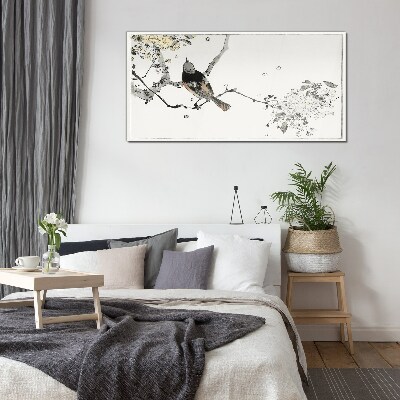 Glasbild Ein Vogel auf einem Ast in zarten Farben