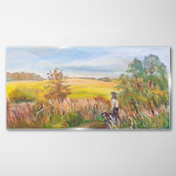 Glasbild Sommerlandschaft mit einer Figur und einem Hund