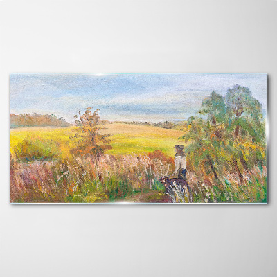 Glasbild Sommerlandschaft mit einer Figur und einem Hund