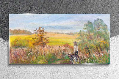 Glasbild Sommerlandschaft mit einer Figur und einem Hund