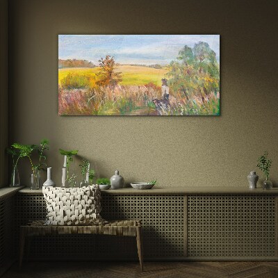 Glasbild Sommerlandschaft mit einer Figur und einem Hund