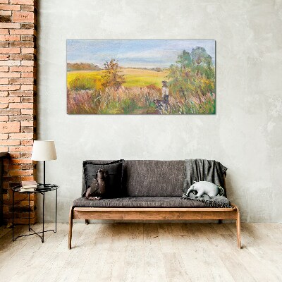 Glasbild Sommerlandschaft mit einer Figur und einem Hund