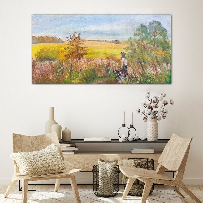 Glasbild Sommerlandschaft mit einer Figur und einem Hund
