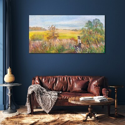 Glasbild Sommerlandschaft mit einer Figur und einem Hund
