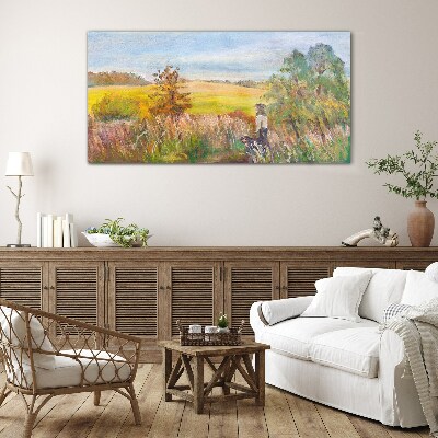 Glasbild Sommerlandschaft mit einer Figur und einem Hund