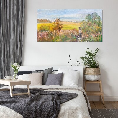 Glasbild Sommerlandschaft mit einer Figur und einem Hund
