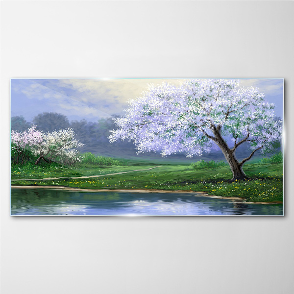 Glasbild Frühlingslandschaft mit blühenden Bäumen