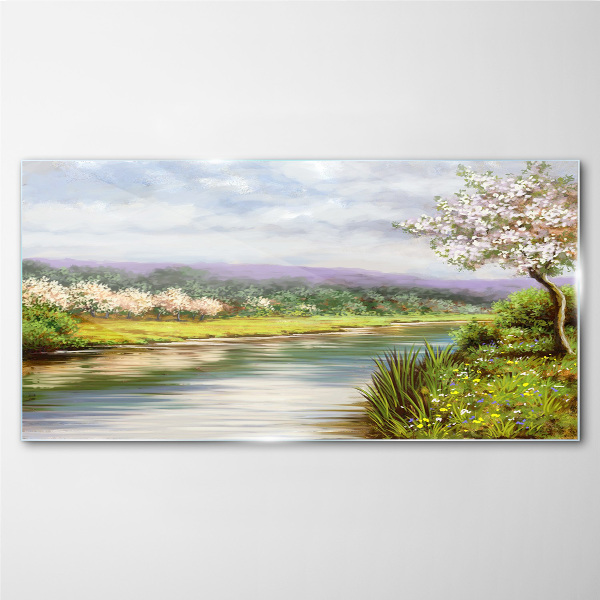 Glasbild Bäume Fluss Blumen Landschaft