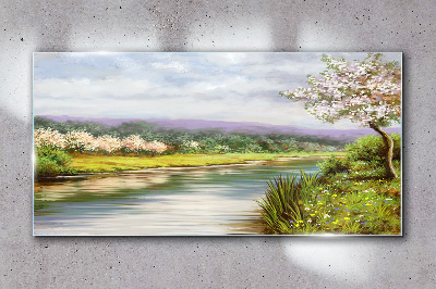 Glasbild Bäume Fluss Blumen Landschaft