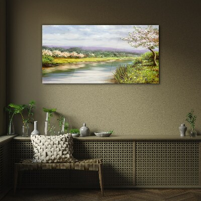 Glasbild Bäume Fluss Blumen Landschaft