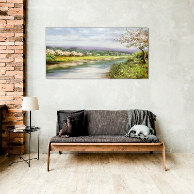 Glasbild Bäume Fluss Blumen Landschaft