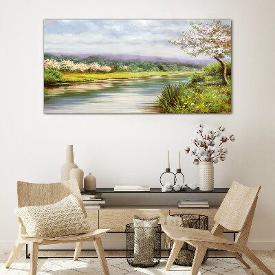 Glasbild Bäume Fluss Blumen Landschaft