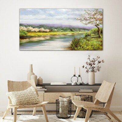 Glasbild Frühlingslandschaft am Fluss