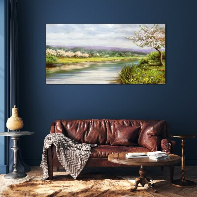 Glasbild Frühlingslandschaft am Fluss