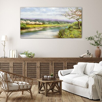 Glasbild Bäume Fluss Blumen Landschaft