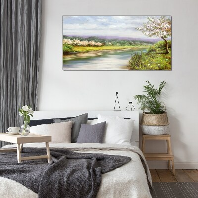 Glasbild Bäume Fluss Blumen Landschaft