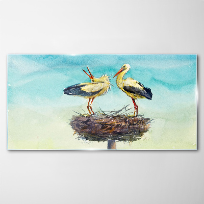 Glas bild Störche auf einem Nest im Blau