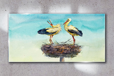 Glas bild Störche auf einem Nest im Blau