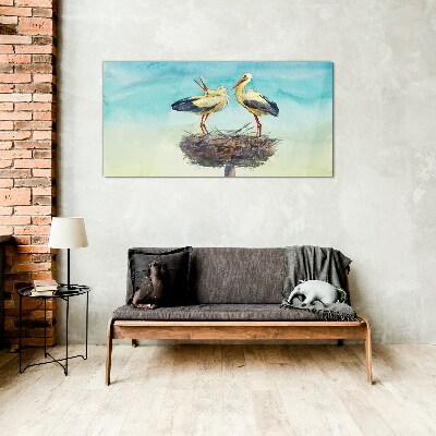 Glas bild Störche auf einem Nest im Blau