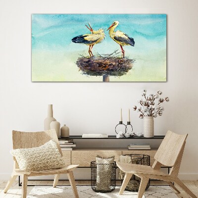 Glas bild Störche auf einem Nest im Blau