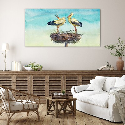 Glas bild Störche auf einem Nest im Blau