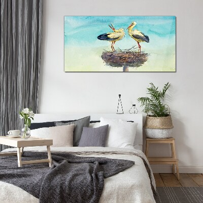 Glas bild Störche auf einem Nest im Blau