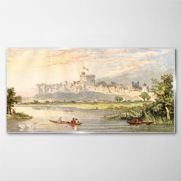 Glasbild Ein Schloss am Fluss in Pastellfarben