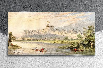 Glasbild Ein Schloss am Fluss in Pastellfarben
