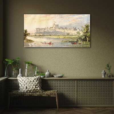 Glasbild Ein Schloss am Fluss in Pastellfarben