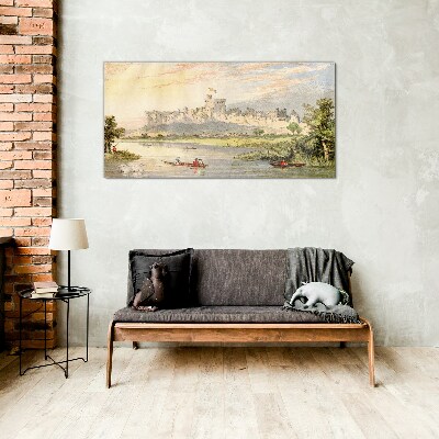 Glasbild Ein Schloss am Fluss in Pastellfarben