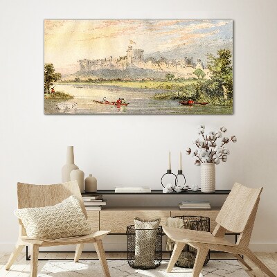 Glasbild Ein Schloss am Fluss in Pastellfarben