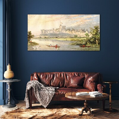 Glasbild Ein Schloss am Fluss in Pastellfarben