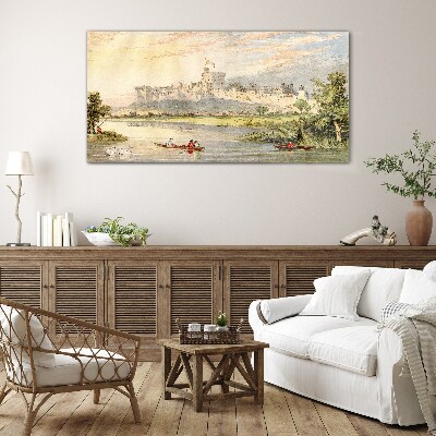 Glasbild Ein Schloss am Fluss in Pastellfarben