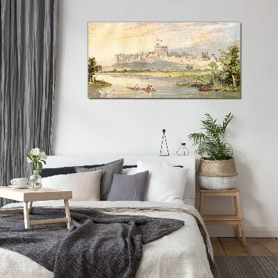 Glasbild Ein Schloss am Fluss in Pastellfarben