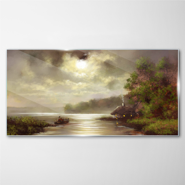 Glasbild Eine friedliche Landschaft am Wasser
