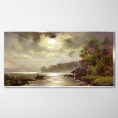 Glasbild Eine friedliche Landschaft am Wasser