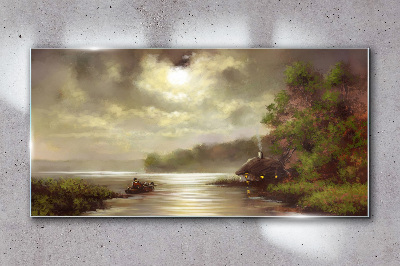 Glasbild Eine friedliche Landschaft am Wasser